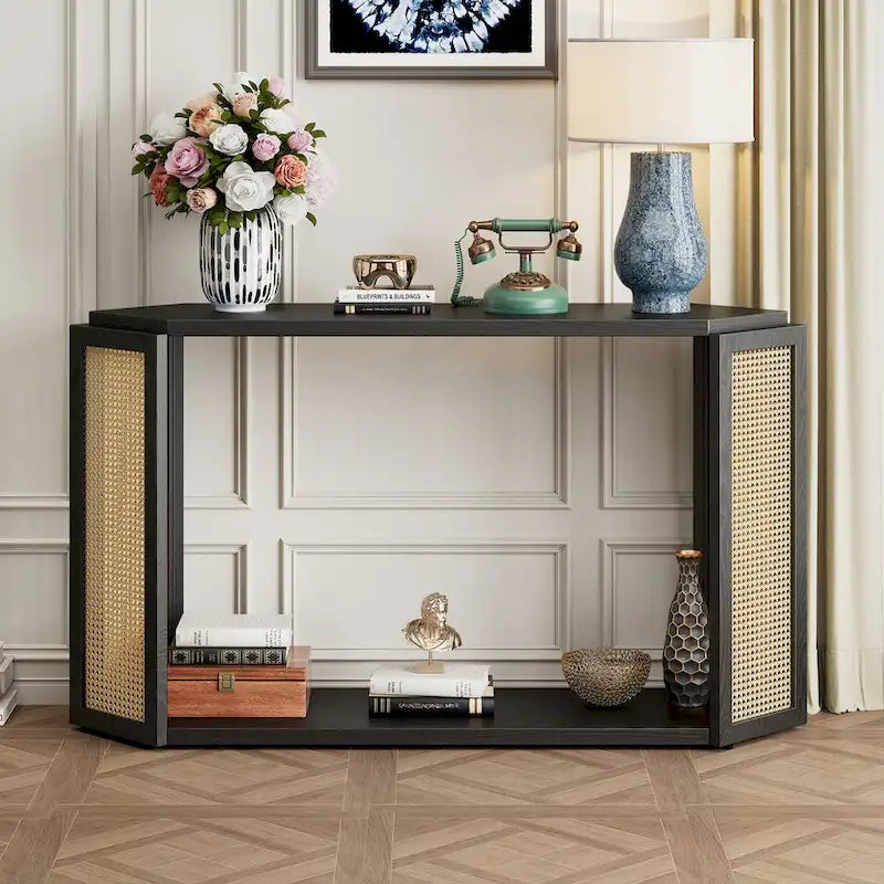 Console étroite avec étagère ouverte, motif flèche, en rotin, pour entrée, salon ou couloir.