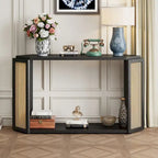Console étroite avec étagère ouverte, motif flèche, en rotin, pour entrée, salon ou couloir.