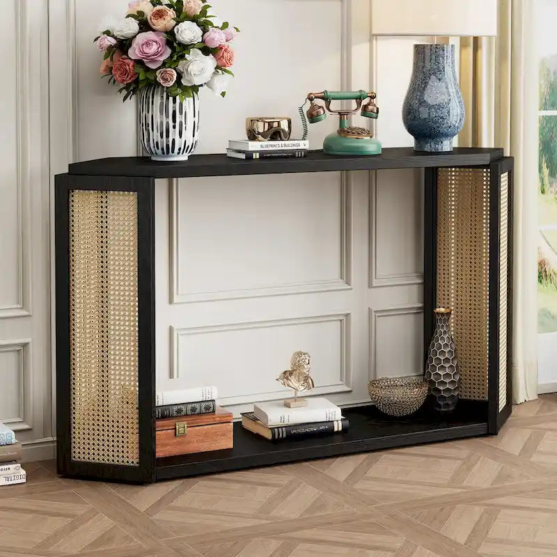 Console étroite avec étagère ouverte, motif flèche, en rotin, pour entrée, salon ou couloir.