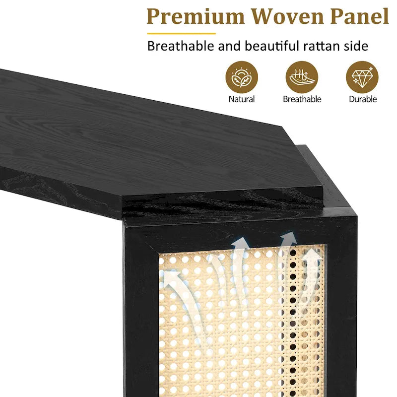 Console étroite avec étagère ouverte, motif flèche, en rotin, pour entrée, salon ou couloir.