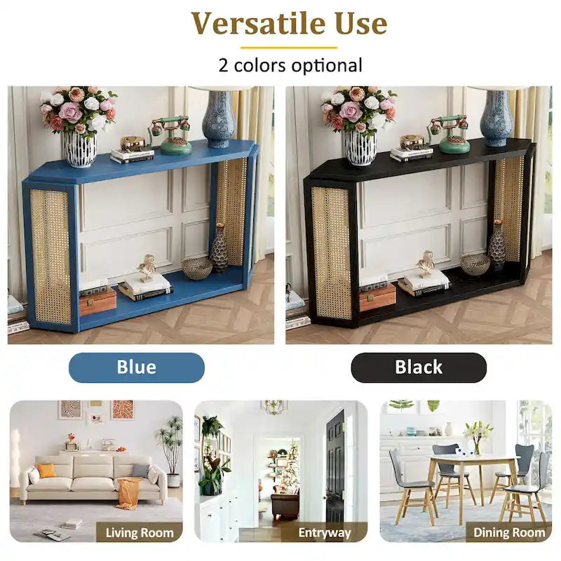 Console étroite avec étagère ouverte, motif flèche, en rotin, pour entrée, salon ou couloir.
