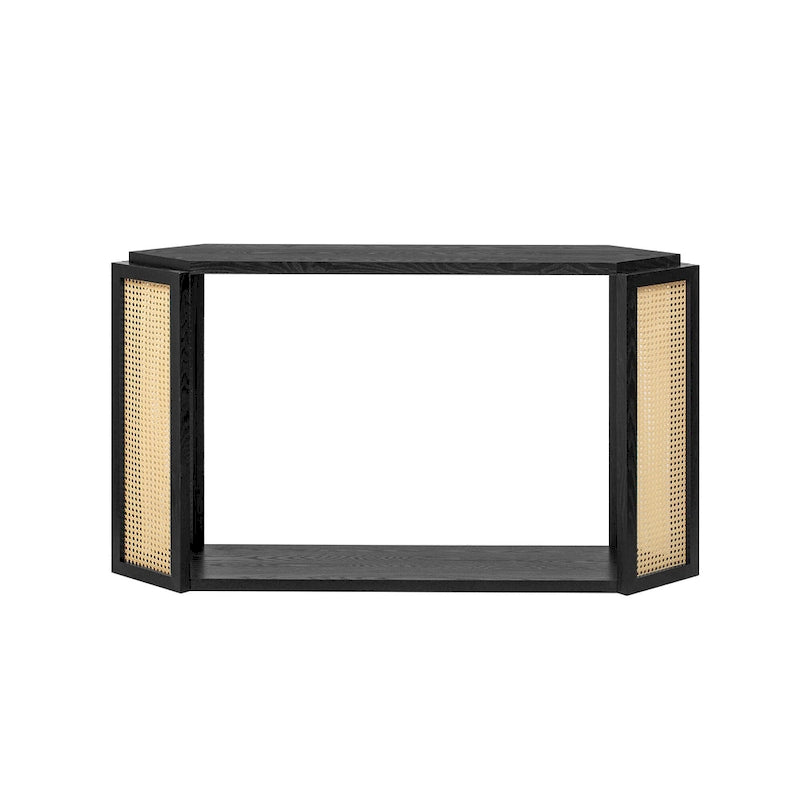 Console étroite avec étagère ouverte, motif flèche, en rotin, pour entrée, salon ou couloir.