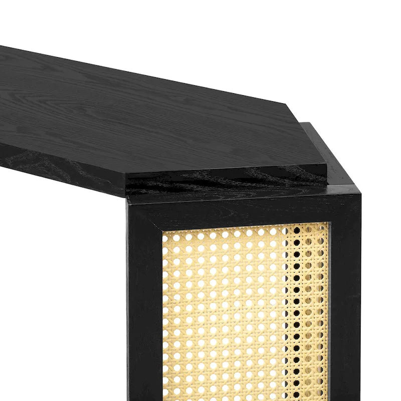 Console étroite avec étagère ouverte, motif flèche, en rotin, pour entrée, salon ou couloir.