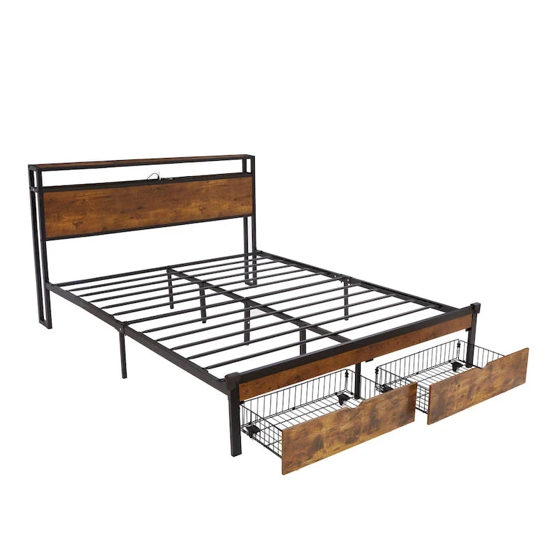 Lit plateforme en métal Queen Size avec lumières LED et tête de lit en bois