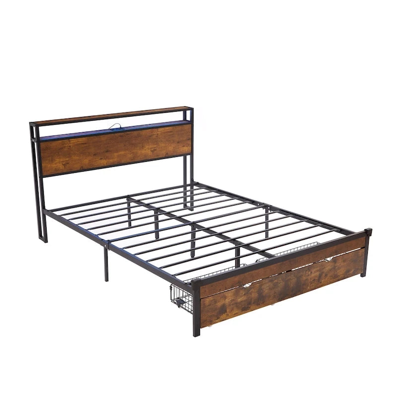 Lit plateforme en métal Queen Size avec lumières LED et tête de lit en bois