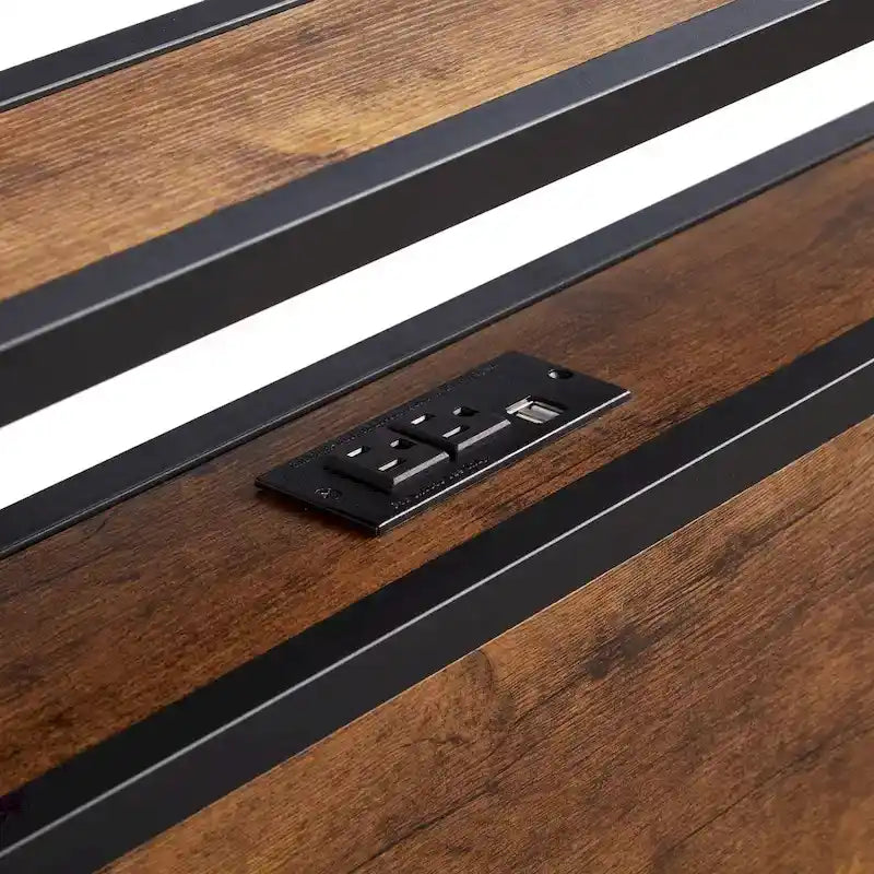 Lit plateforme en métal Queen Size avec lumières LED et tête de lit en bois