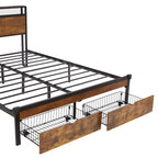 Lit plateforme en métal Queen Size avec lumières LED et tête de lit en bois