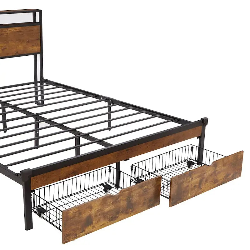 Lit plateforme en métal Queen Size avec lumières LED et tête de lit en bois