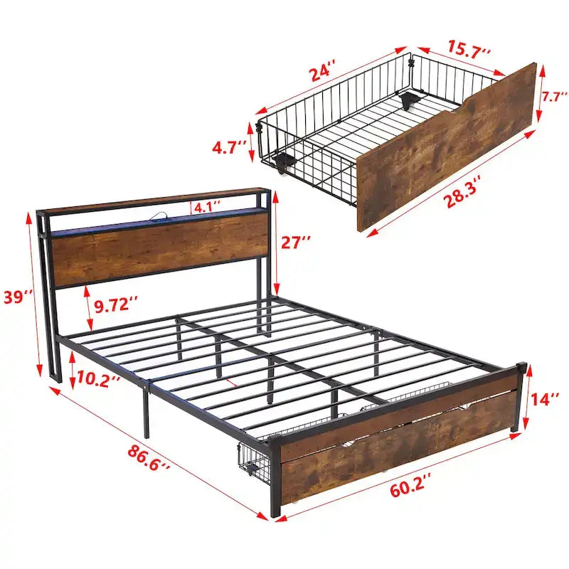 Lit plateforme en métal Queen Size avec lumières LED et tête de lit en bois