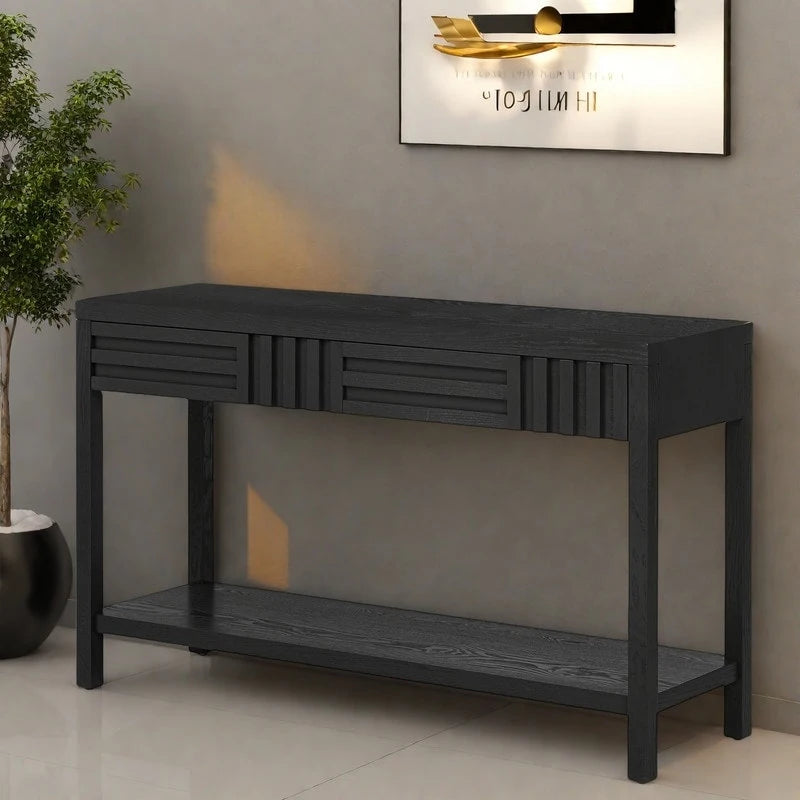 Table console à rayures classiques 51,3 en MDF – Placage frêne et pieds en bois de sapin avec 2 tiroirs
