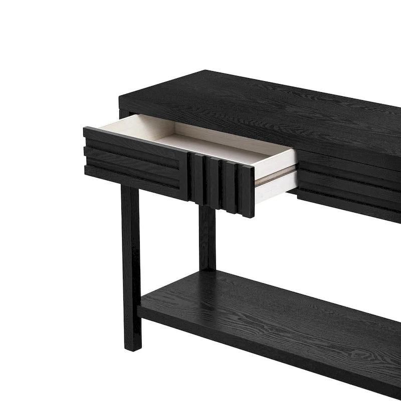Table console à rayures classiques 51,3 en MDF – Placage frêne et pieds en bois de sapin avec 2 tiroirs