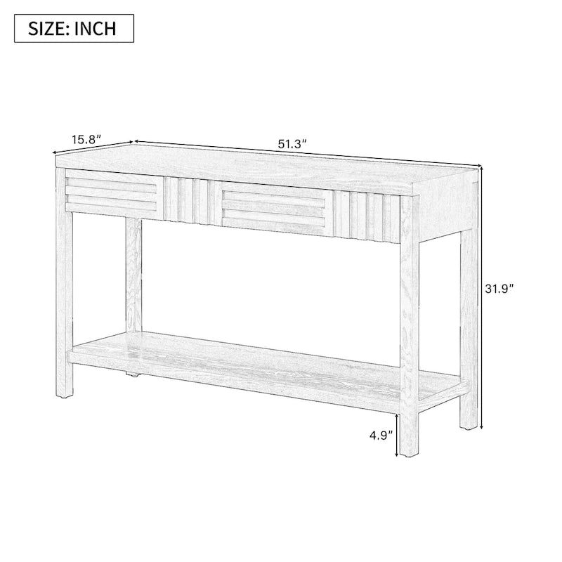 Table console à rayures classiques 51,3 en MDF – Placage frêne et pieds en bois de sapin avec 2 tiroirs