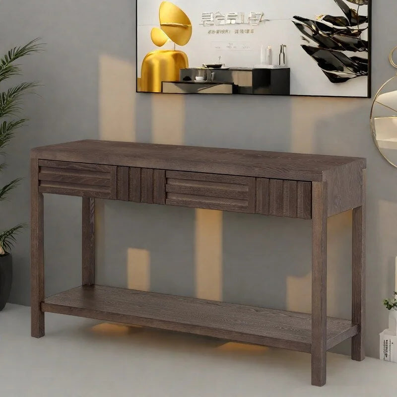 Table console à rayures classiques 51,3 en MDF – Placage frêne et pieds en bois de sapin avec 2 tiroirs