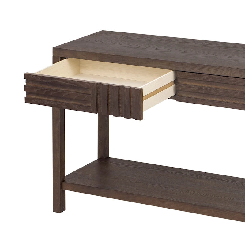Table console à rayures classiques 51,3 en MDF – Placage frêne et pieds en bois de sapin avec 2 tiroirs