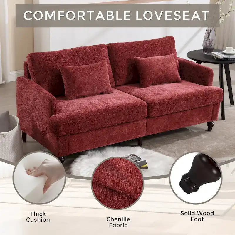 Canapé 2 places en chenille rouge de 175 cm avec coussins amovibles