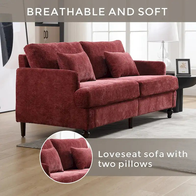 Canapé 2 places en chenille rouge de 175 cm avec coussins amovibles