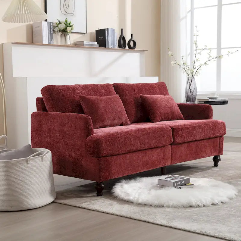 Canapé 2 places en chenille rouge de 175 cm avec coussins amovibles