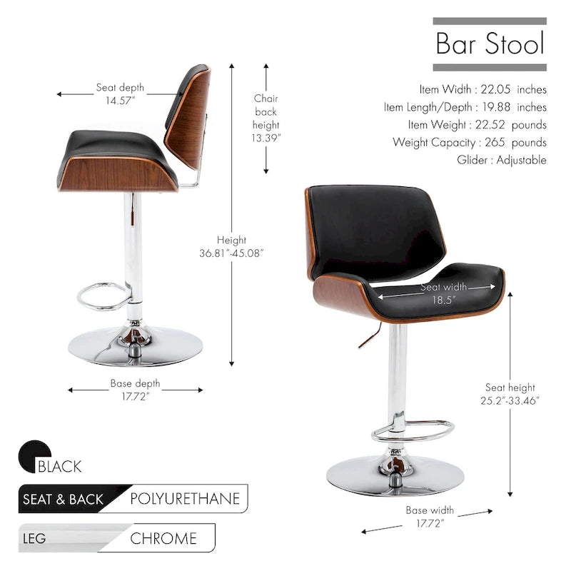 Tabouret de bar réglable en hauteur avec revêtement en PU et piètement chromé