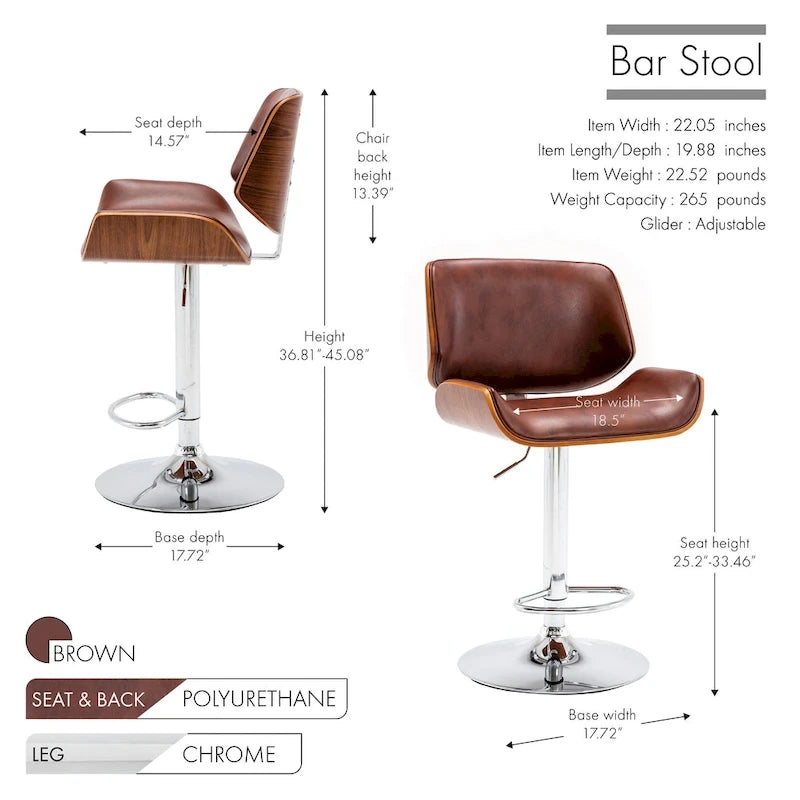 Tabouret de bar réglable en hauteur avec revêtement en PU et piètement chromé