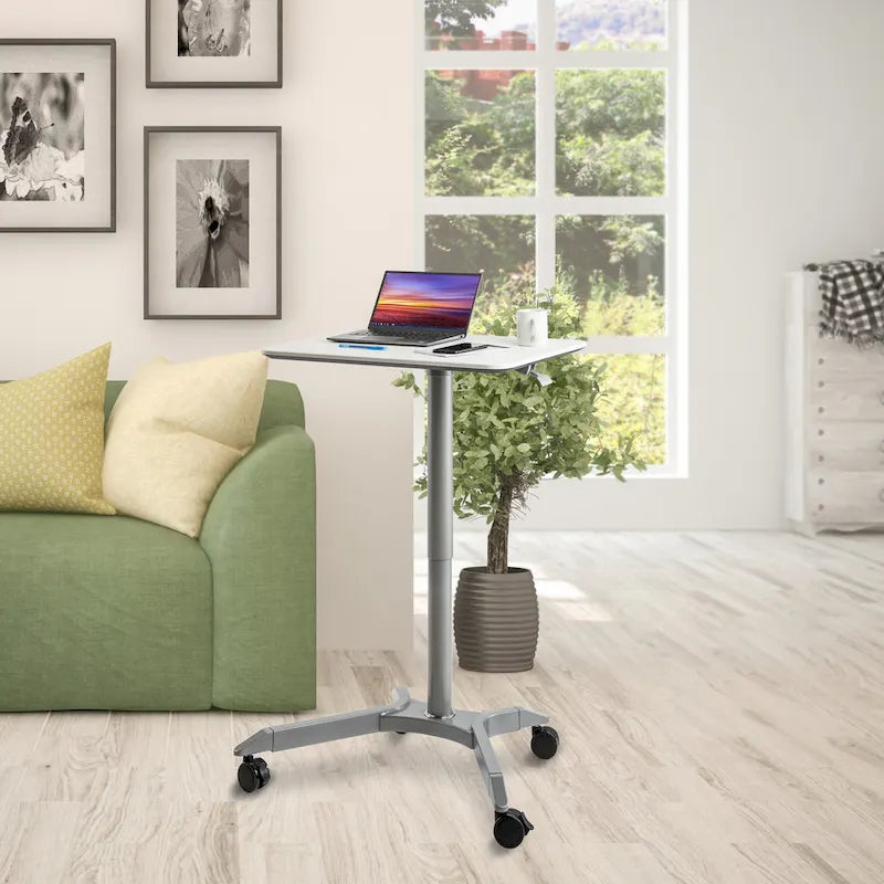 Chariot de bureau mobile pour ordinateur portable réglable en hauteur pneumatiquement de 28 pouces