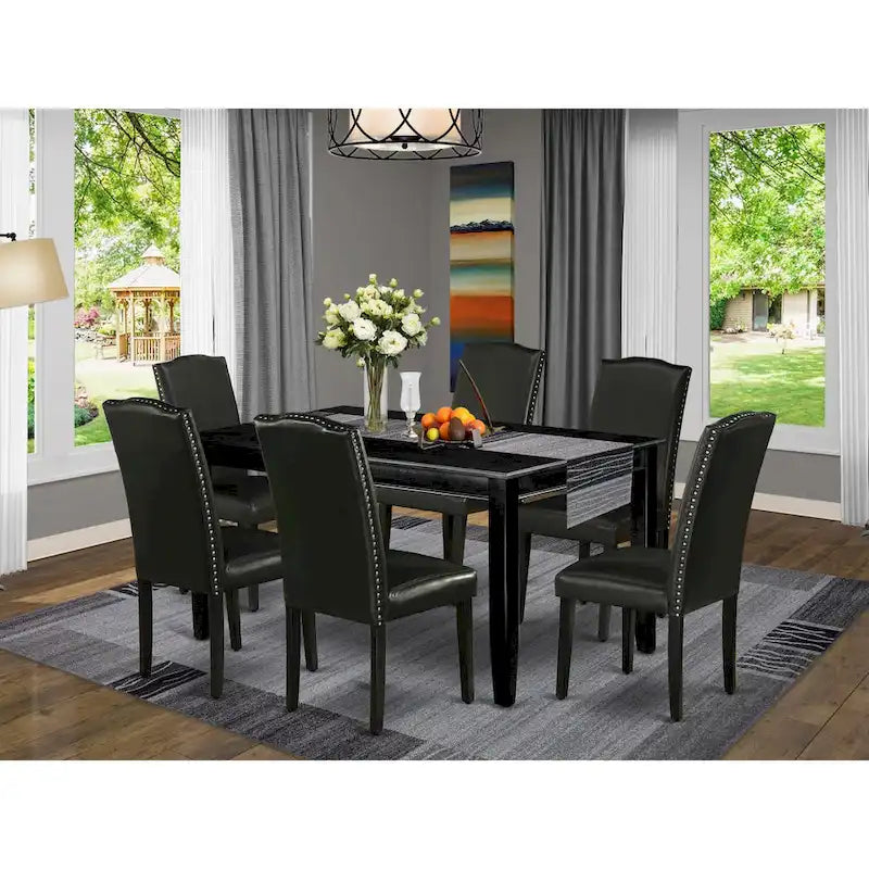 Table à manger rectangulaire avec chaises en similicuir noir