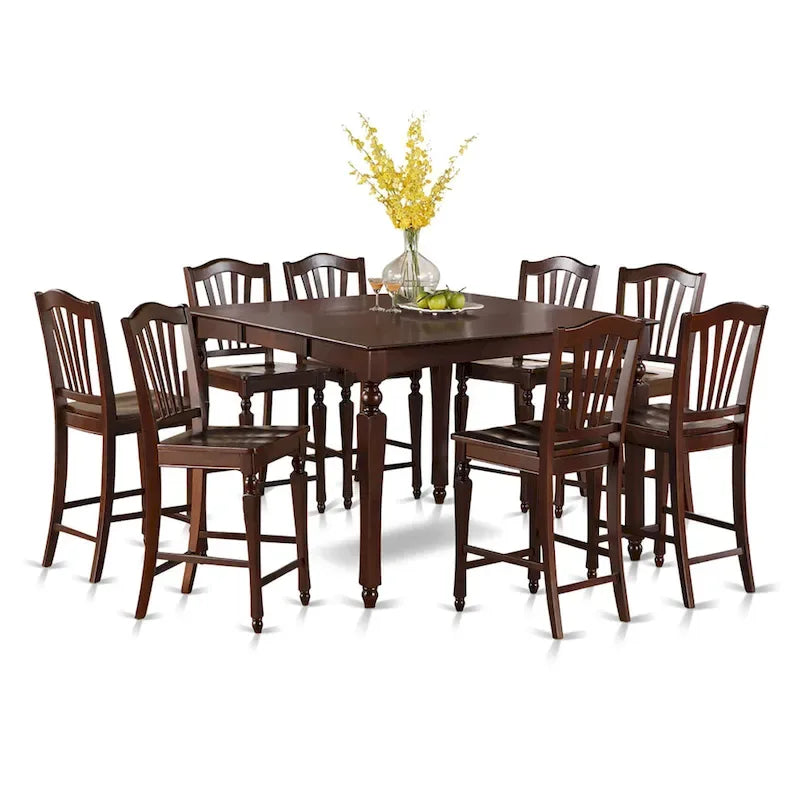 Table de pub carrée hauteur comptoir avec 8 chaises de cuisine, Acajou