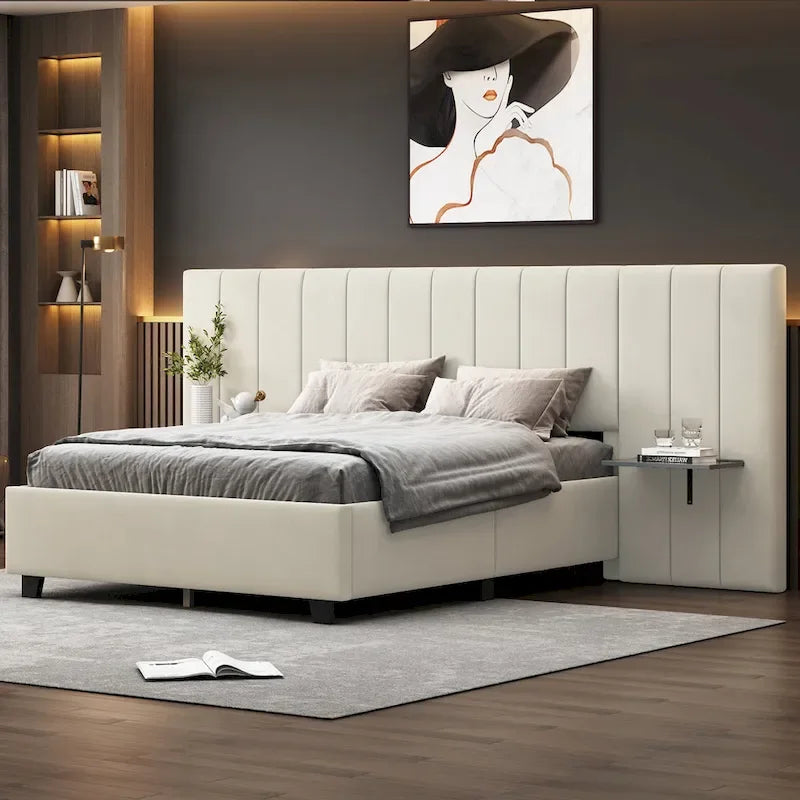 Lit plateforme tapissé grand format avec tête de lit surdimensionnée