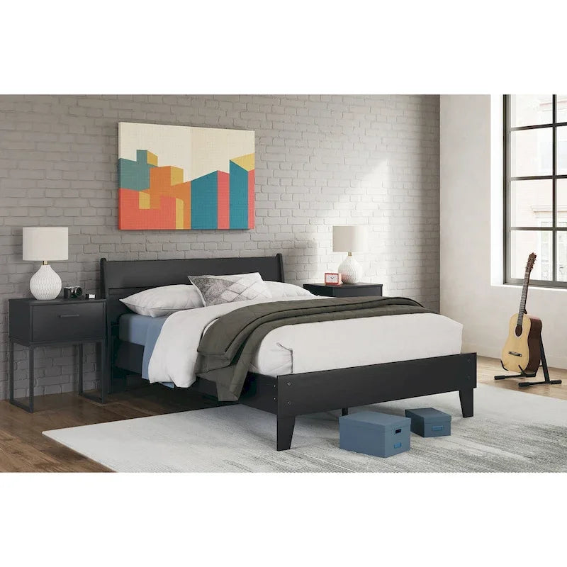  Black Panel Headboard with 2 Nightstands