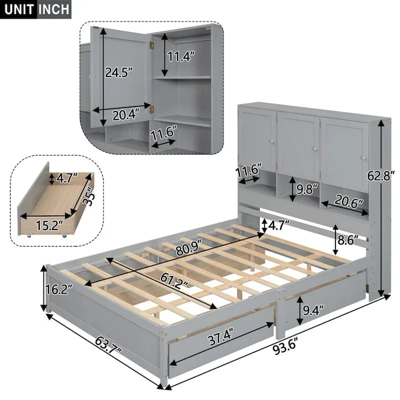 Lit plateforme Queen Size avec tête de lit de rangement et 4 tiroirs