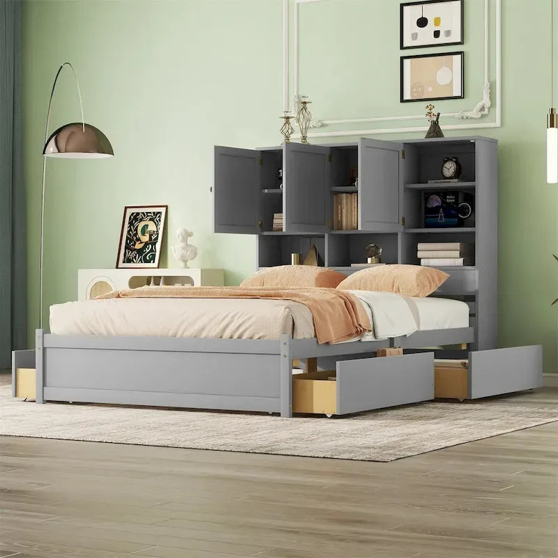 Lit plateforme Queen Size avec tête de lit de rangement et 4 tiroirs