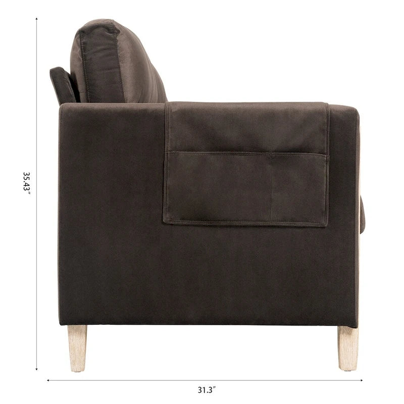 Canapé 3 places confortable avec pieds en bois massif et pochette latérale