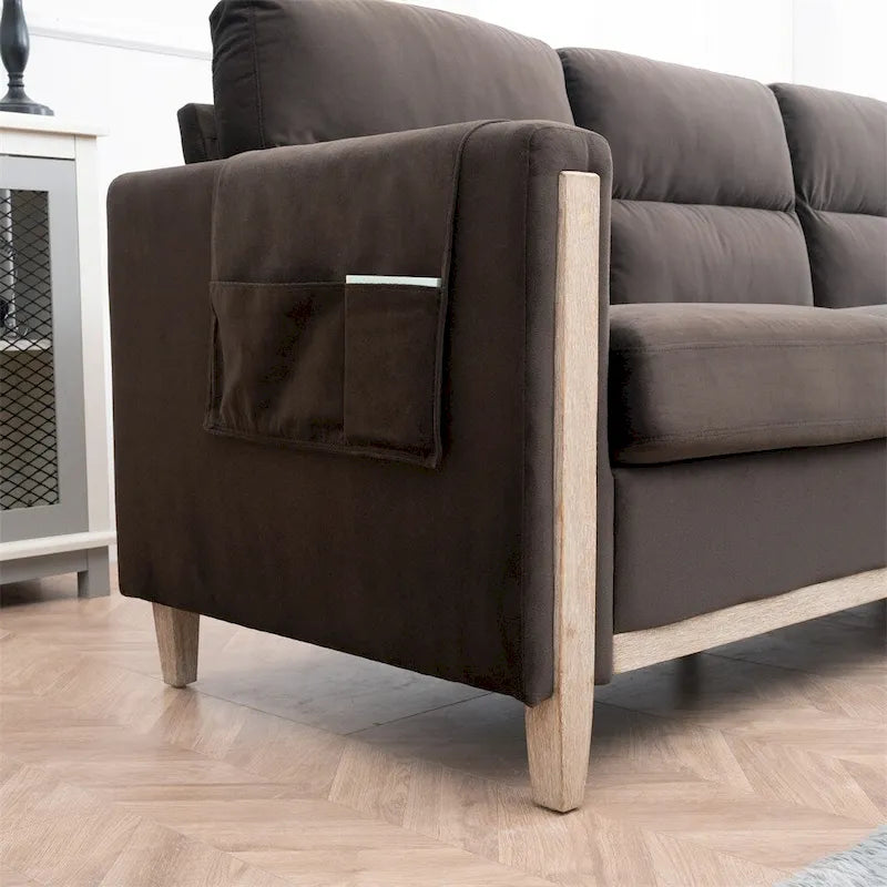 Canapé 3 places confortable avec pieds en bois massif et pochette latérale