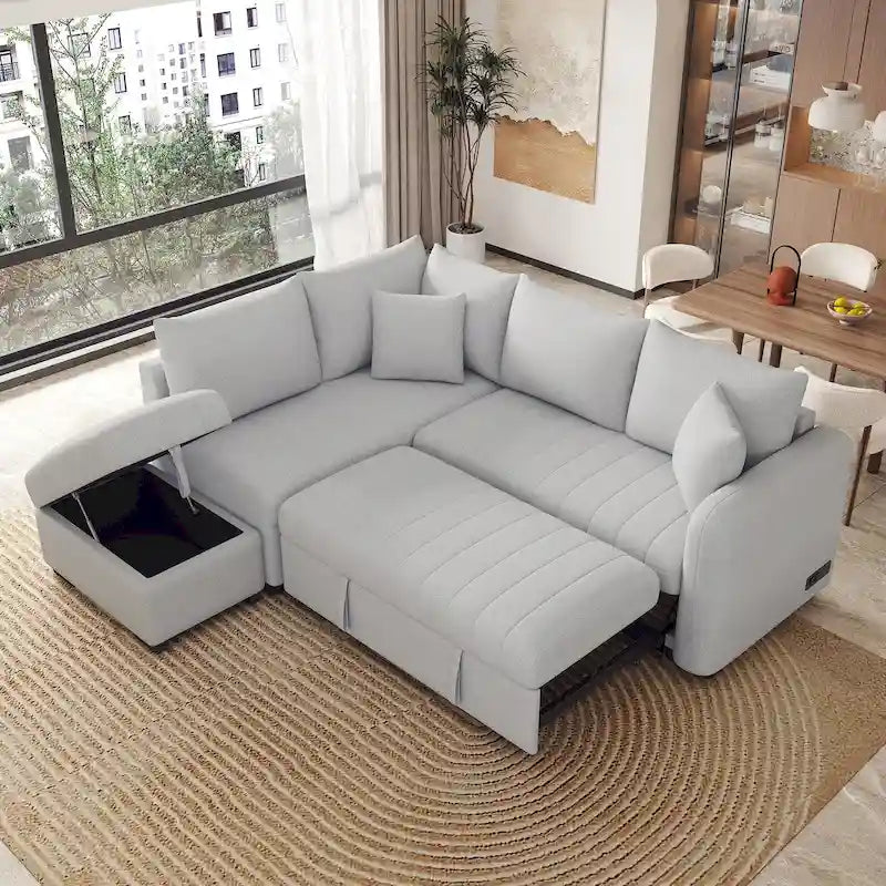 Canapé convertible en forme de L avec prises USB, prises de courant et pouf de rangement mobile, gris