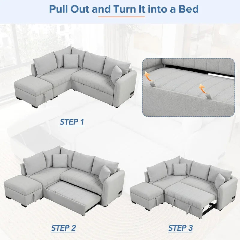 Canapé convertible en forme de L avec prises USB, prises de courant et pouf de rangement mobile, gris