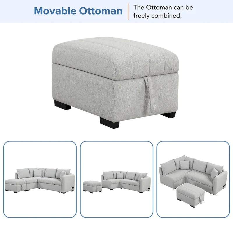 Canapé convertible en forme de L avec prises USB, prises de courant et pouf de rangement mobile, gris