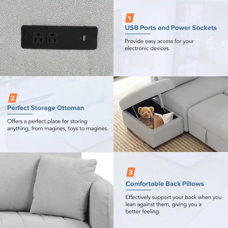Canapé convertible en forme de L avec prises USB, prises de courant et pouf de rangement mobile, gris