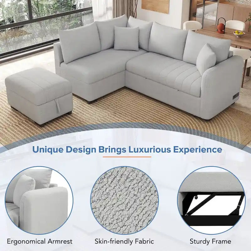 Canapé convertible en forme de L avec prises USB, prises de courant et pouf de rangement mobile, gris