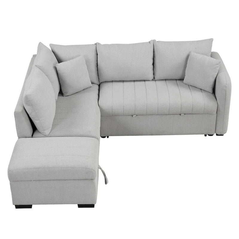Canapé convertible en forme de L avec prises USB, prises de courant et pouf de rangement mobile, gris