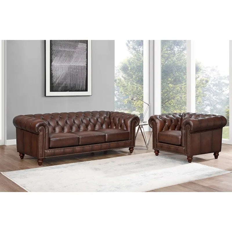  Alton Bay Top Grain Leather Chesterfield Sofa and Chair - Sofa, Chair