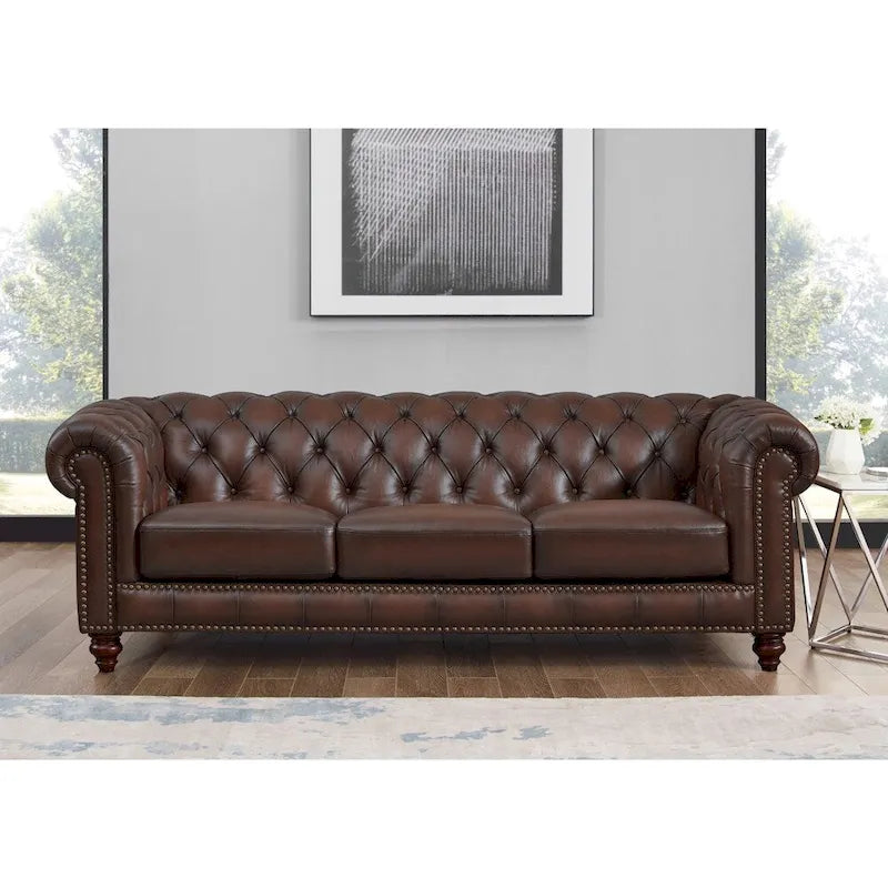 Canapé Chesterfield en cuir pleine fleur avec fauteuil d'appoint assorti