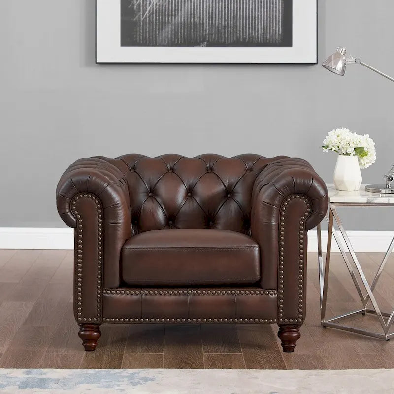 Canapé Chesterfield en cuir pleine fleur avec fauteuil d'appoint assorti
