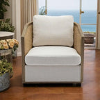 Fauteuil pivotant avec design en rotin, fauteuil canapé en cuir, fauteuil club avec oreiller, fauteuil de loisirs pour le salon