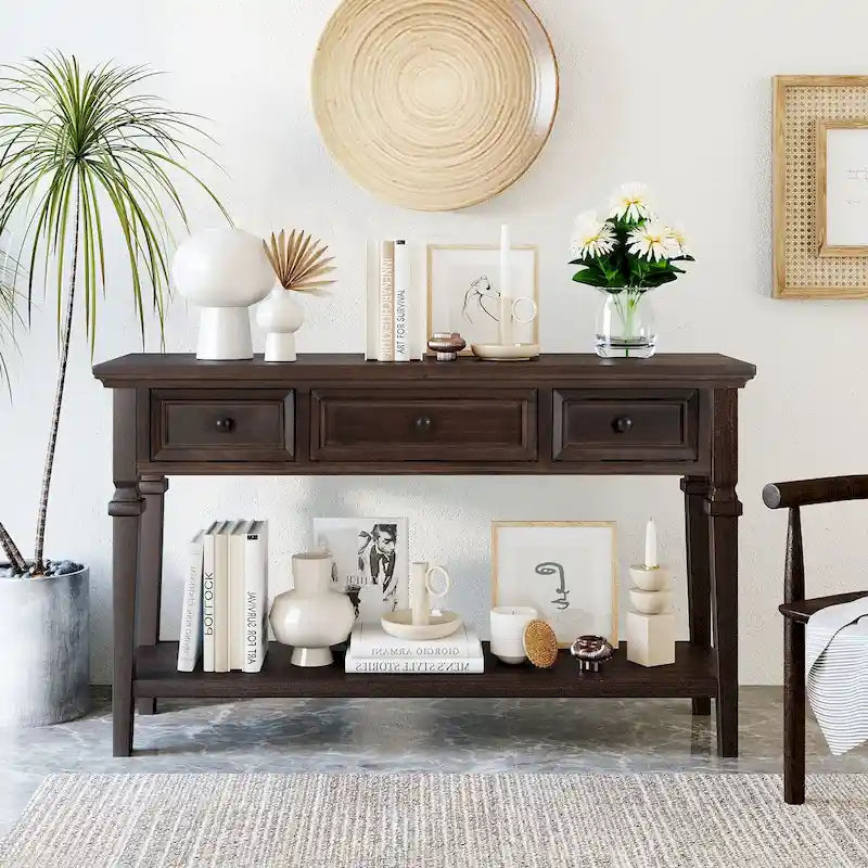 Console Rétro Classique 50 pouces, 50 Farmhouse, Trois Tiroirs Supérieurs et Étagère Inférieure Ouverte, Table d'Appoint avec Cadre en Bois Massif