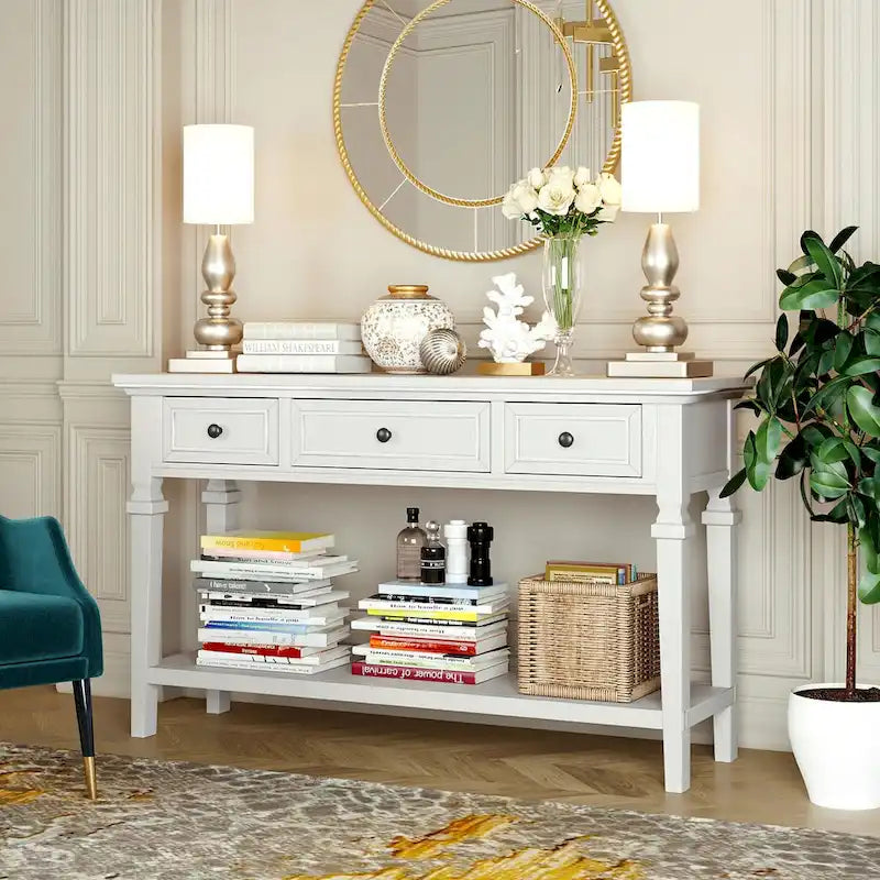 Console Rétro Classique 50 pouces, 50 Farmhouse, Trois Tiroirs Supérieurs et Étagère Inférieure Ouverte, Table d'Appoint avec Cadre en Bois Massif