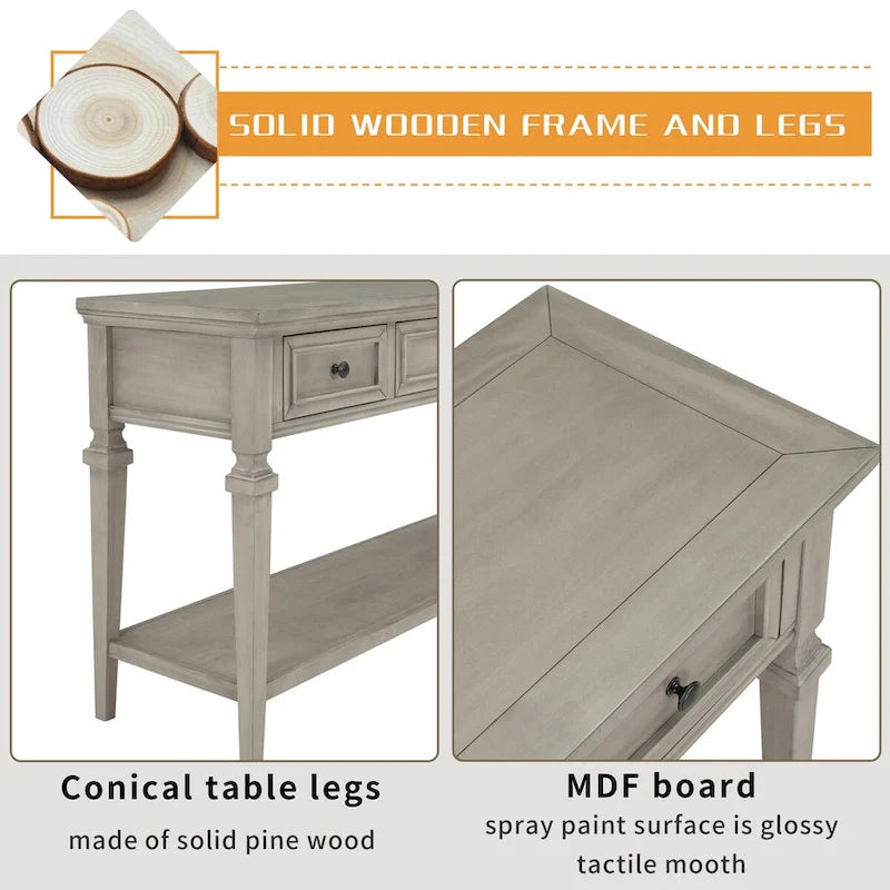 Console Rétro Classique 50 pouces, 50 Farmhouse, Trois Tiroirs Supérieurs et Étagère Inférieure Ouverte, Table d'Appoint avec Cadre en Bois Massif