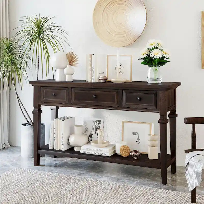 Console Rétro Classique 50 pouces, 50 Farmhouse, Trois Tiroirs Supérieurs et Étagère Inférieure Ouverte, Table d'Appoint avec Cadre en Bois Massif