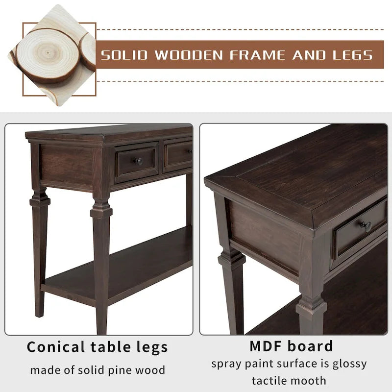 Console Rétro Classique 50 pouces, 50 Farmhouse, Trois Tiroirs Supérieurs et Étagère Inférieure Ouverte, Table d'Appoint avec Cadre en Bois Massif