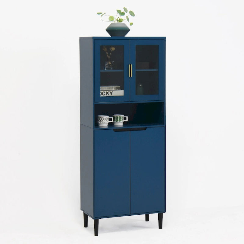 Meuble de rangement haut avec 2 portes vitrées et 2 portes, buffet de cuisine avec poignées dorées, meuble autoportant