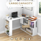 Bureau d'angle en L, bureau d'ordinateur rotatif à 360 degrés avec étagères de rangement, poste de travail avec table d'écriture