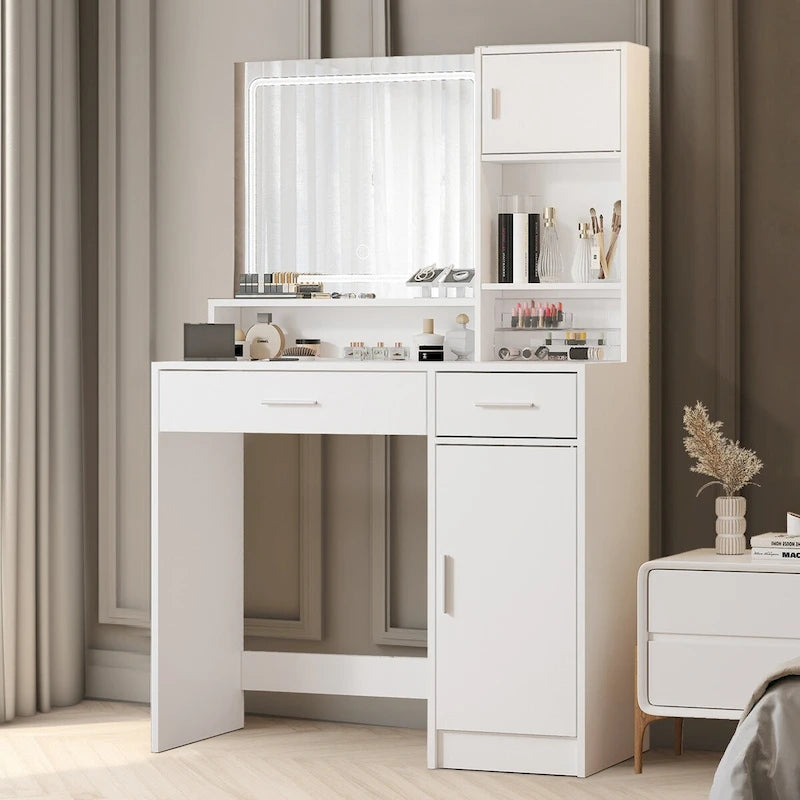 Coiffeuse avec miroir lumineux LED, tiroirs et rangement en armoire